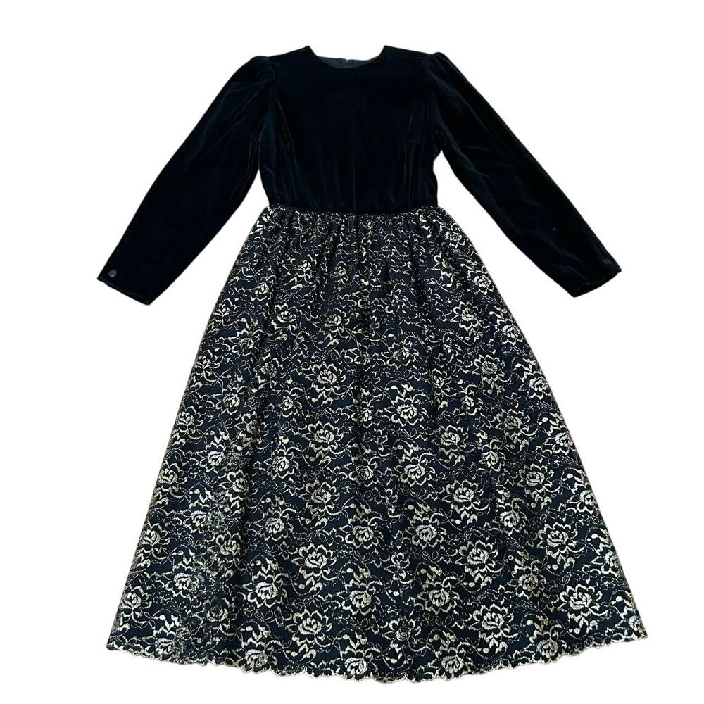 Vintage 80s Black Velvet Lace Dress Gold Floral Maxi Size Small Party Formal -